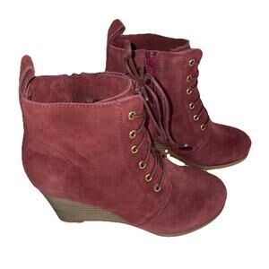 Diba Blake Suede 3" Wedge Zip Lace Up Bootie Burgundy Sz 9.5M